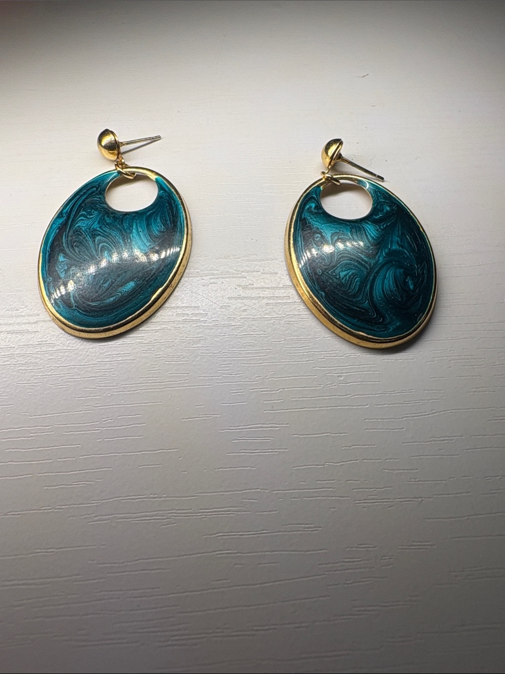 Gold-Trim Green Swirl Oval Drop Earrings